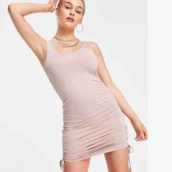 ASOS Threadbare Petite Ruched Tie Side Mini‎ Dress In Taupe 6 NWT in packaging - Picture 2 of 7